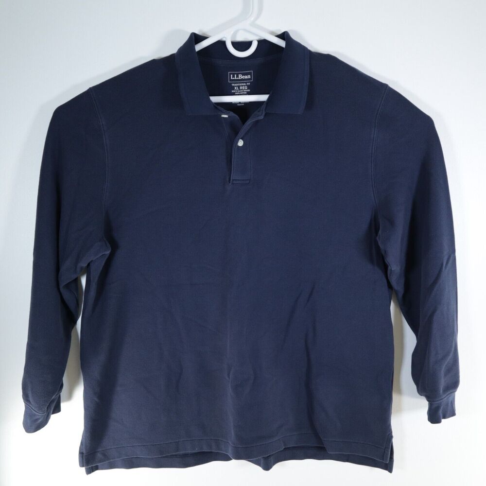 L.L. Bean Mens Extra Large Polo Shirt Long Sleeve Navy Blue Casual XL